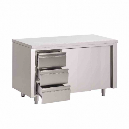 Table armoire inox avec portes coulissantes et 3 tiroirs à gauche 1800 x 700 x 880mm