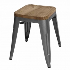 Tabourets bistro bas en acier gris métal avec assise en bois (lot de 4)