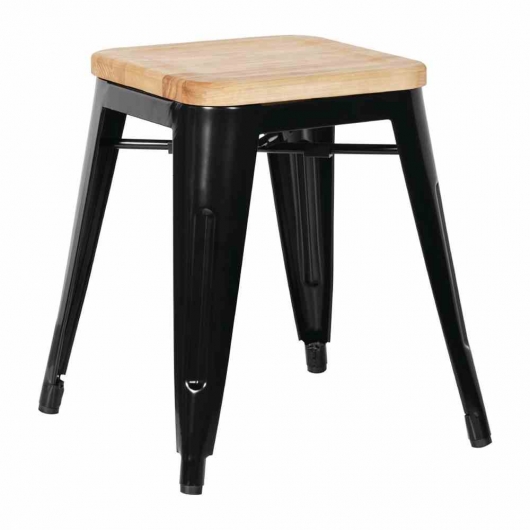 Tabourets bistro bas en acier noir avec assise en bois (lot de 4)