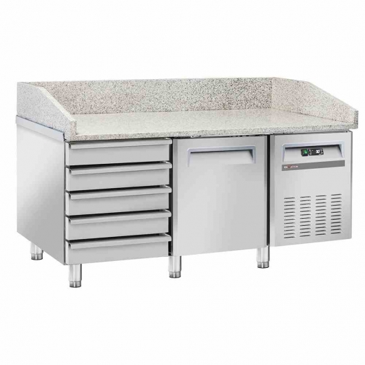 Table réfrigérée à pizzas 1 porte EN 600x400 5 tiroirs neutres sur roues 2 avec freins