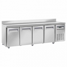 Table frigorifique ventilée 4 portes GN 1/1 avec dosseret sur roues 2 avec freins