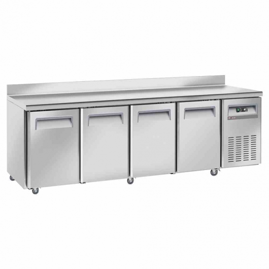 Table frigorifique ventilée 4 portes GN 1/1 avec dosseret sur roues 2 avec freins