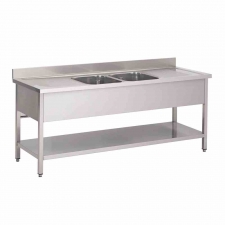 Plonge inox 2 bacs avec étagère égouttoirs droite et gauche P. 700 mm L. 2000 mm
