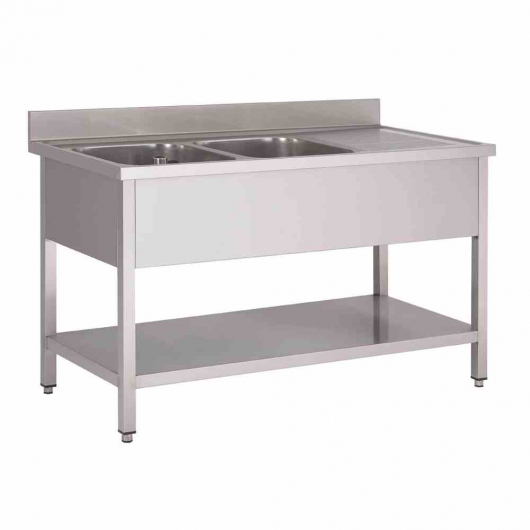 Plonge inox 2 bacs avec étagère égouttoir à droite P. 700 mm L. 1600 mm