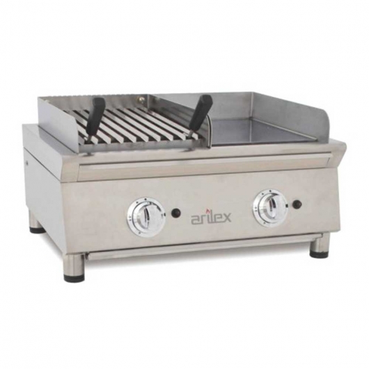 Plancha Fry-Top gaz acier chromé grill pierre de lave L. 692 mm