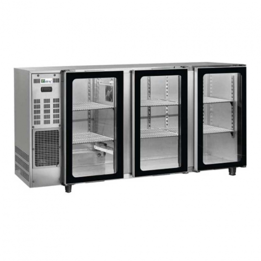 Arrière-bar réfrigéré 3 portes vitrées groupe logé inox 466 L