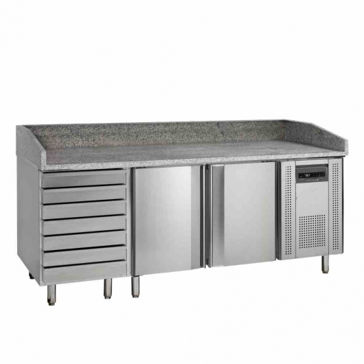Table à pizzas dessus granite 2 portes 7 tiroirs 370 L