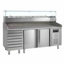 Table à pizzas dessus granite 2 portes 7 tiroirs saladette 9x GN 1/3 370 L