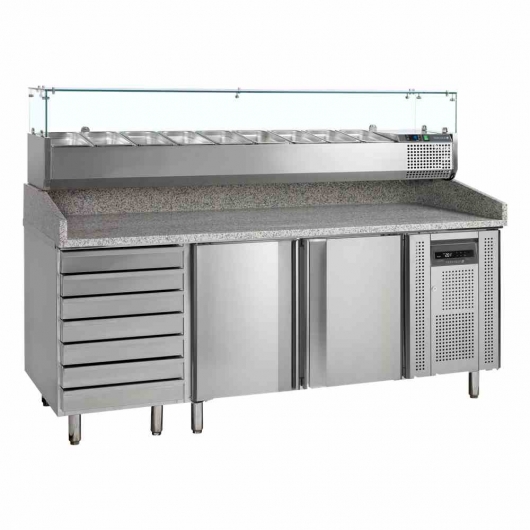 Table à pizzas dessus granite 2 portes 7 tiroirs saladette 9x GN 1/3 370 L