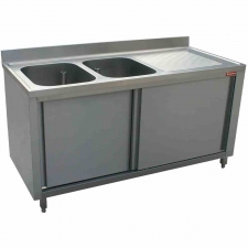 Plonge 2 cuves larges avec égouttoir à droite sur armoire 2 portes