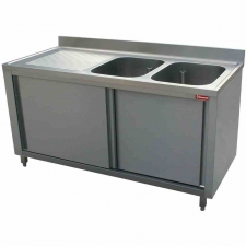 Plonge 2 cuves larges avec égouttoir à gauche sur armoire 2 portes