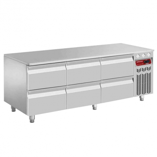 Soubassement réfrigéré 150 L, 6 demi-tiroirs GN 1/1 h 100 mm
